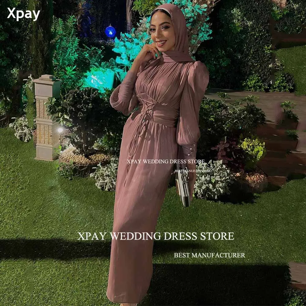 

XPAY Blush Pink Unique Formal Evening Dresses Corset Long Puff Sleeve Event Prom Gown Pleats Muslim Dubai Shiny Prom Party Dress