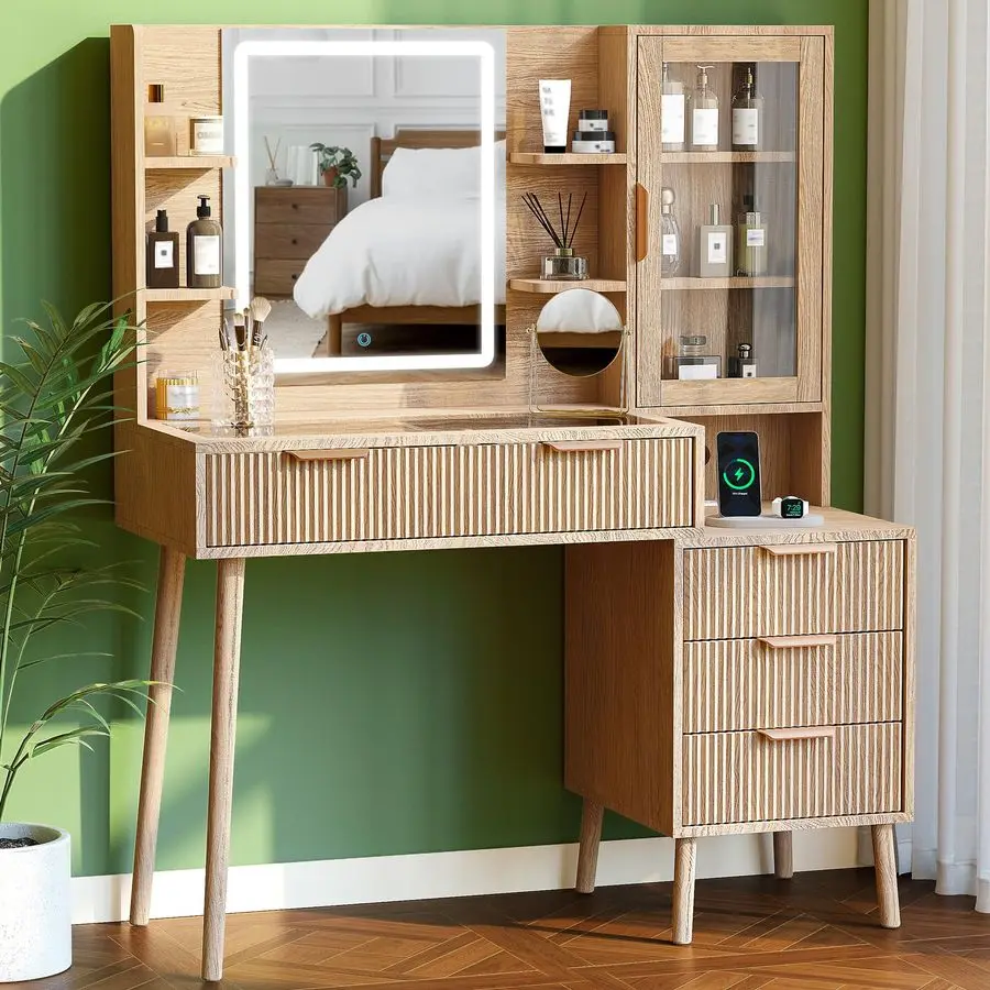 

Makeup Vanity with Mirror and Lights,5 Drawers Glass Top Vanity Desk with Glass Door Cabinet,Power Outlet,6 Shelves,9Grid Organi