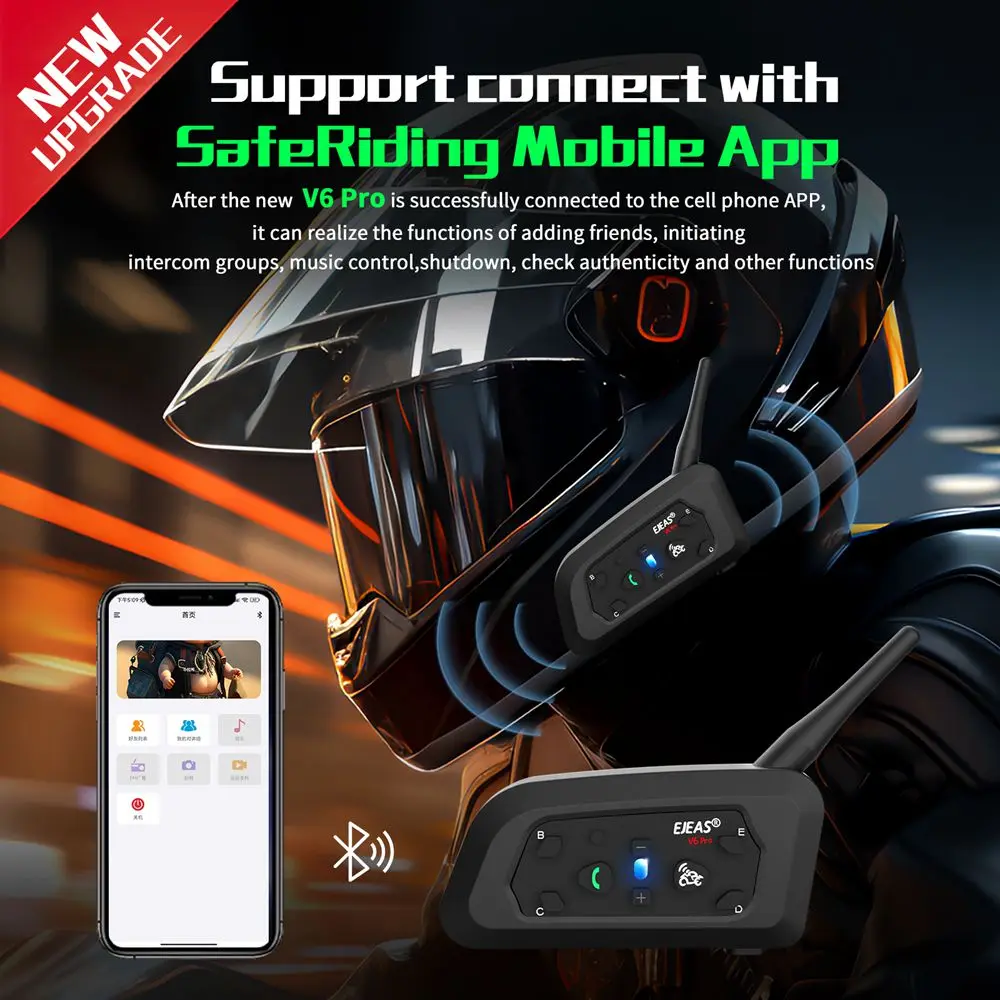 EJEAS V6 PRO+ Motorradhelm-Gegensprechanlage, Bluetooth-Headset, 6 Fahrer, Kommunikator, wasserdicht, V5.1-Musikplayer, 800 m Gegensprechanlage – Detail 11
