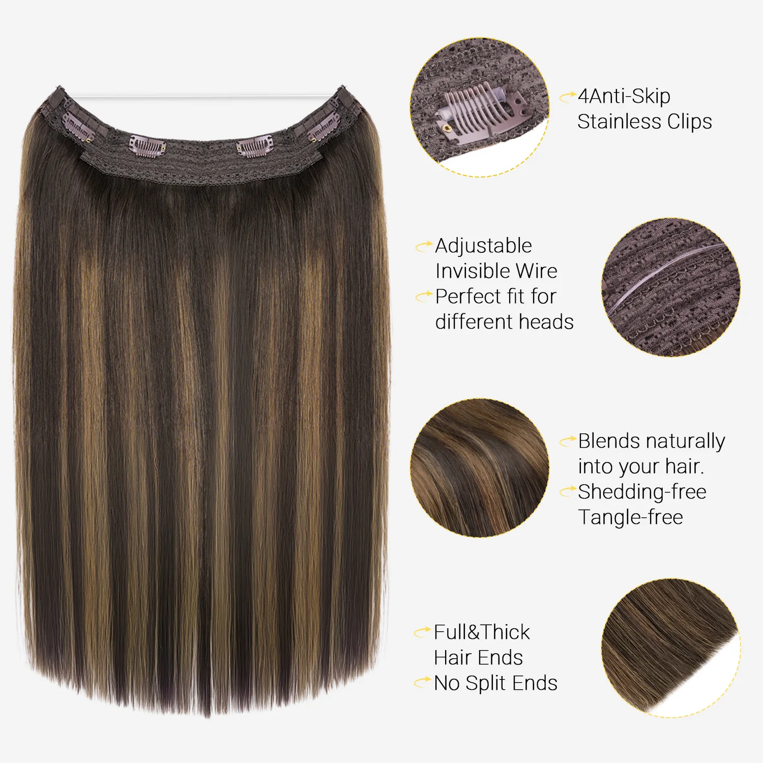 Sunmofavo 100% Real Remy Human Hair Halo Wire Hair Extensions,Free To Restyle, Full Hair Density, 2‑6‑2 Balayage Dark Brown Mixed Chestnut Brown 20 Inch, Invisible Fish‑Line With Adjustable Size, All‑Day Secure Fit,Fashion For All Occasions Daily Wear - view 3