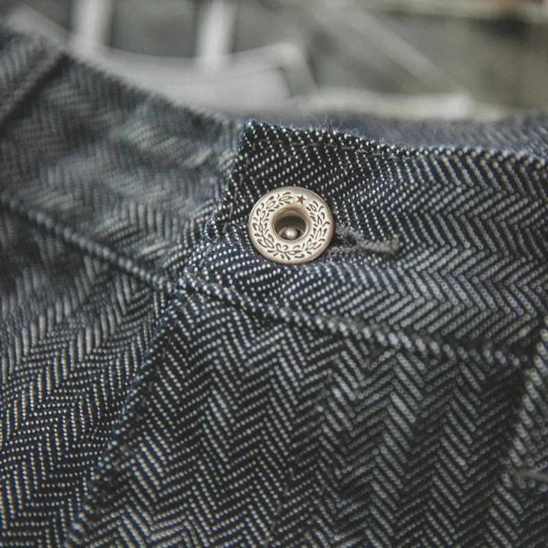 Maden Retro 12,8oz Pantalones Jeans Gris Rayados Ajuste Recto con Cierre de Zip y Bolsillos Pantalones de Gabardina Versátiles para Hombre Otoño