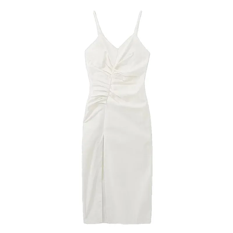 Elegante abito midi bianco con camicetta da donna con design a fessura increspato Estate 2025 Abito tubino casual chic per le vacanze