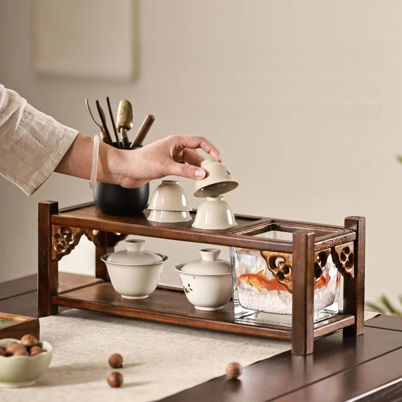 ‌Chinese Solid Wood Tea Shelf | Zen Water Feature Organizer with Eco Wax Finish Durable Storage for Tea Room Decor & Accessories