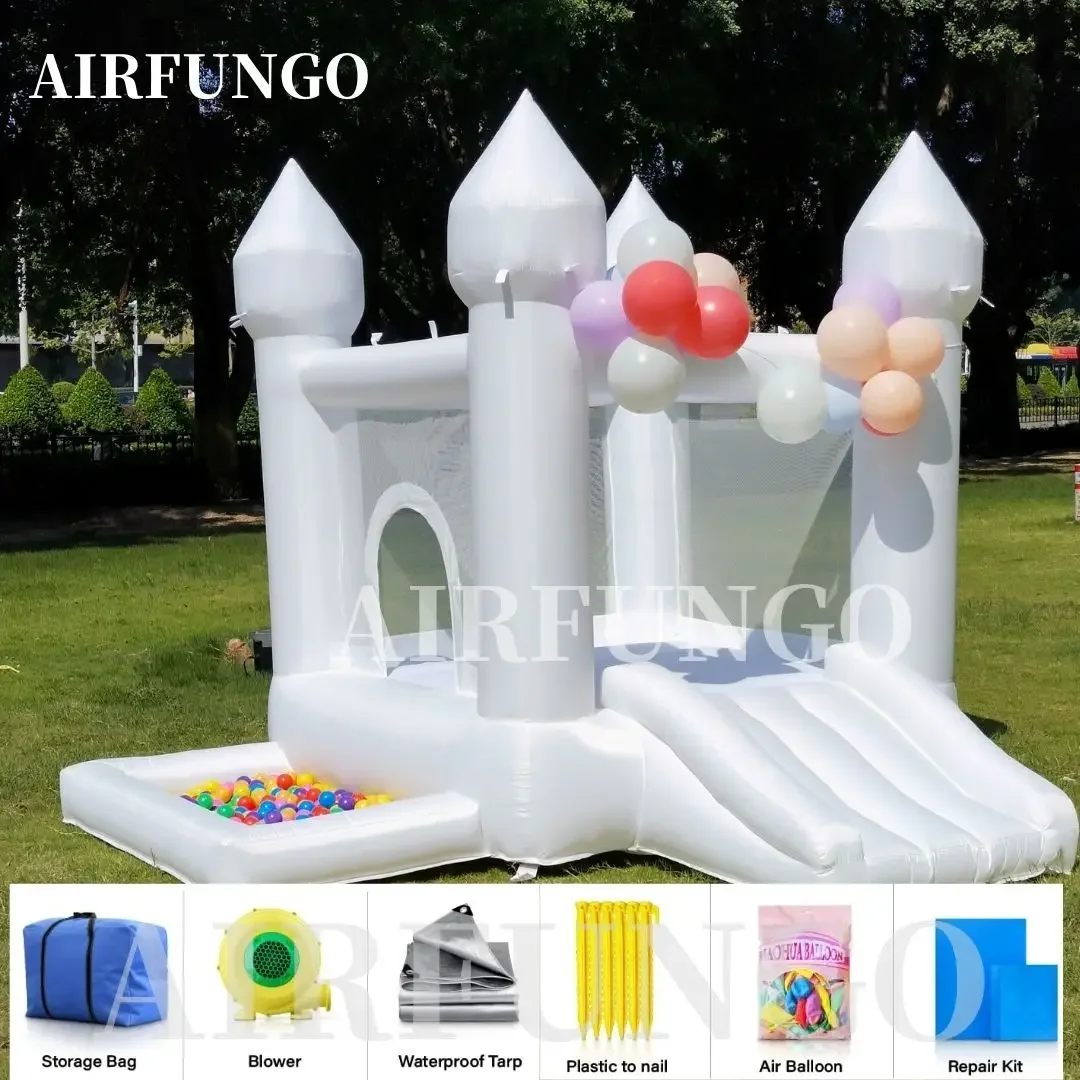 Casa inflable de rebote blanca para fiesta de niños, 9x9x7 pies, con tobogán y piscina de bolas, personalización, castillo inflable Oxford, incluye soplador