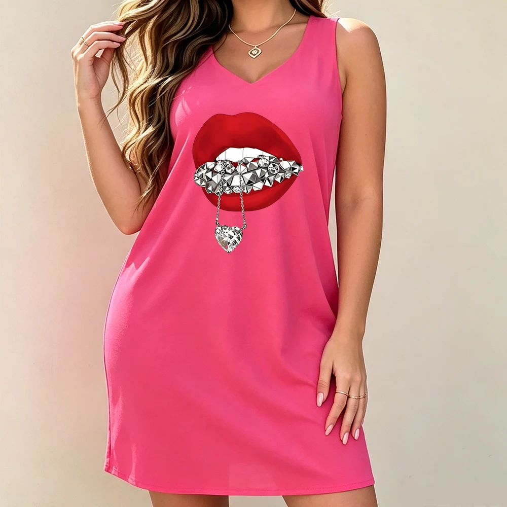 Plus-size sleeveless dress with trendy studded red lips and heart pendant print; a cool and stylish loose-fitting vest dress perfect for summer and casual street style. view 4