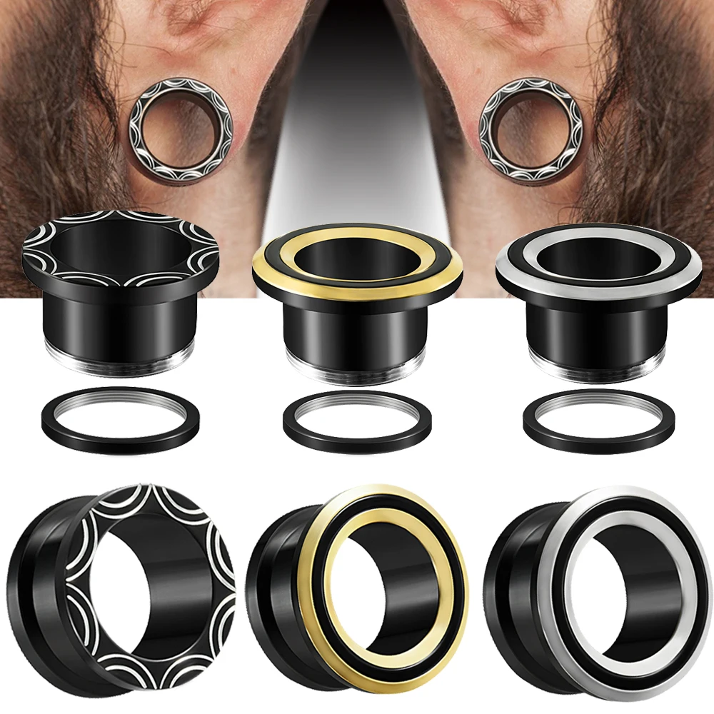 1PC Double Color Screw-Fit Tunnel Plugs Stainless Steel Black Tunnels Piercing Ear Plugs Ear Gauges Expander Size 2g to 1