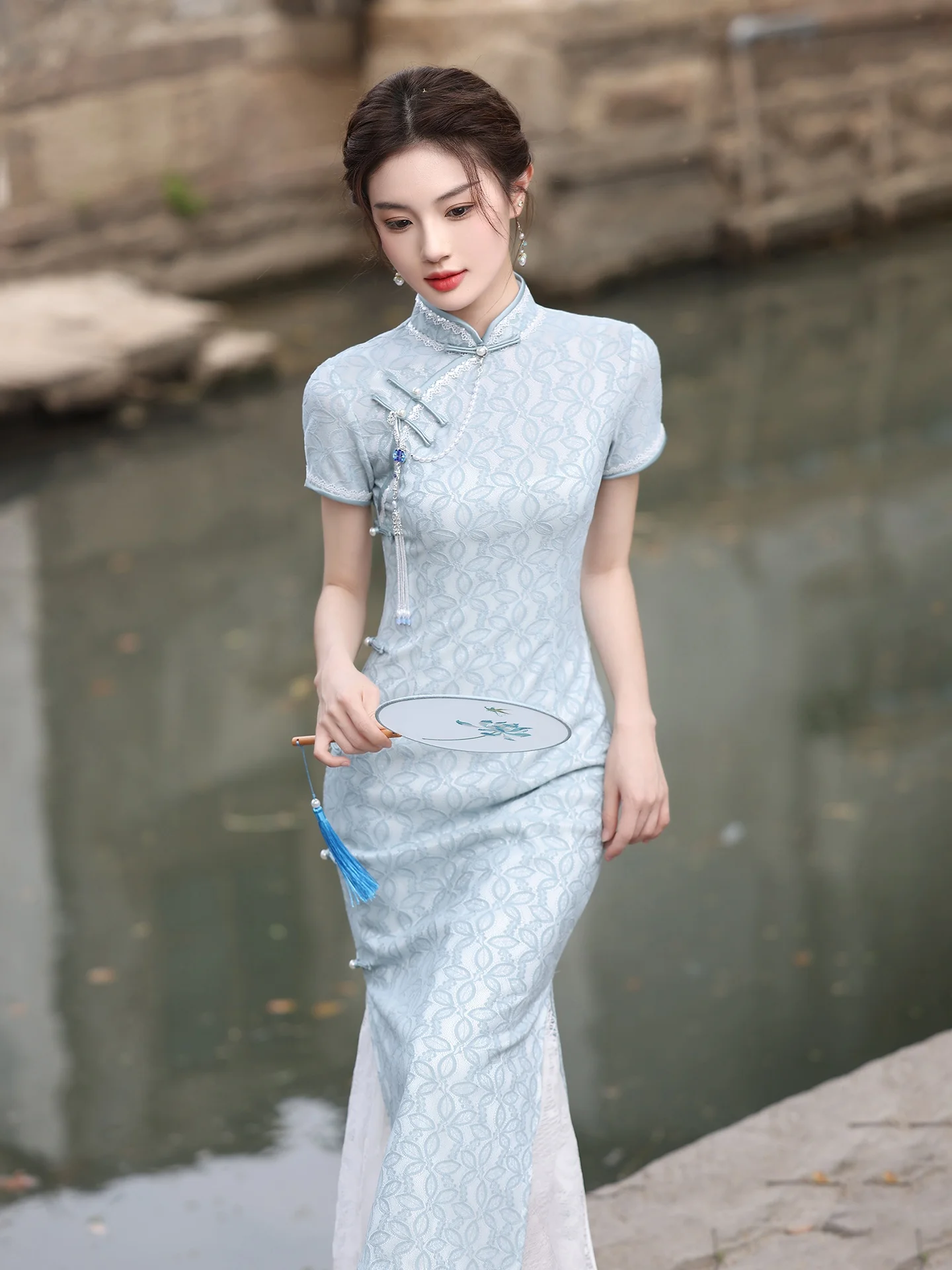 

Новое китайское платье Ting Yue Ling для молодых женщин: приталенное, дышащее, с низким разрезом, коротким рукавом, для повседневной носки