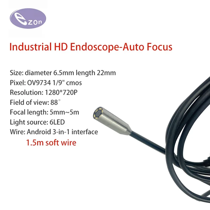 

1MP USB Auto Focus Endoscope Diameter 6.5mm FOV88゜ IP67 Waterproof 1.5m 3 in 1 Soft Cable Industrial Endoscope
