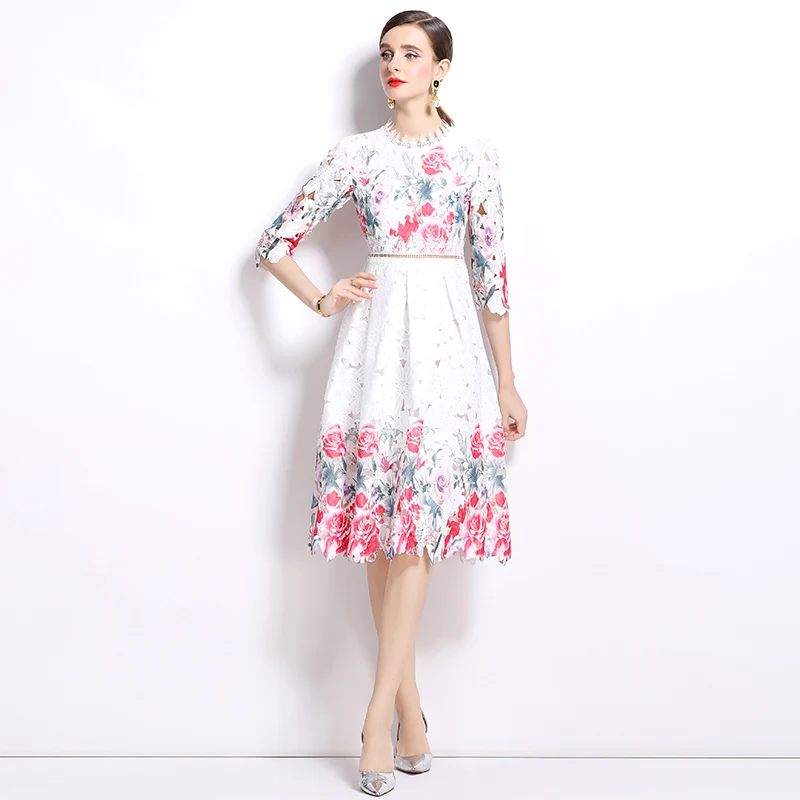 Summer Runway Hollow Out Floral Embroidery Lace Midi Dress For Women Women Short Sleeve Floral Print Slim Waist Party Vestidos
