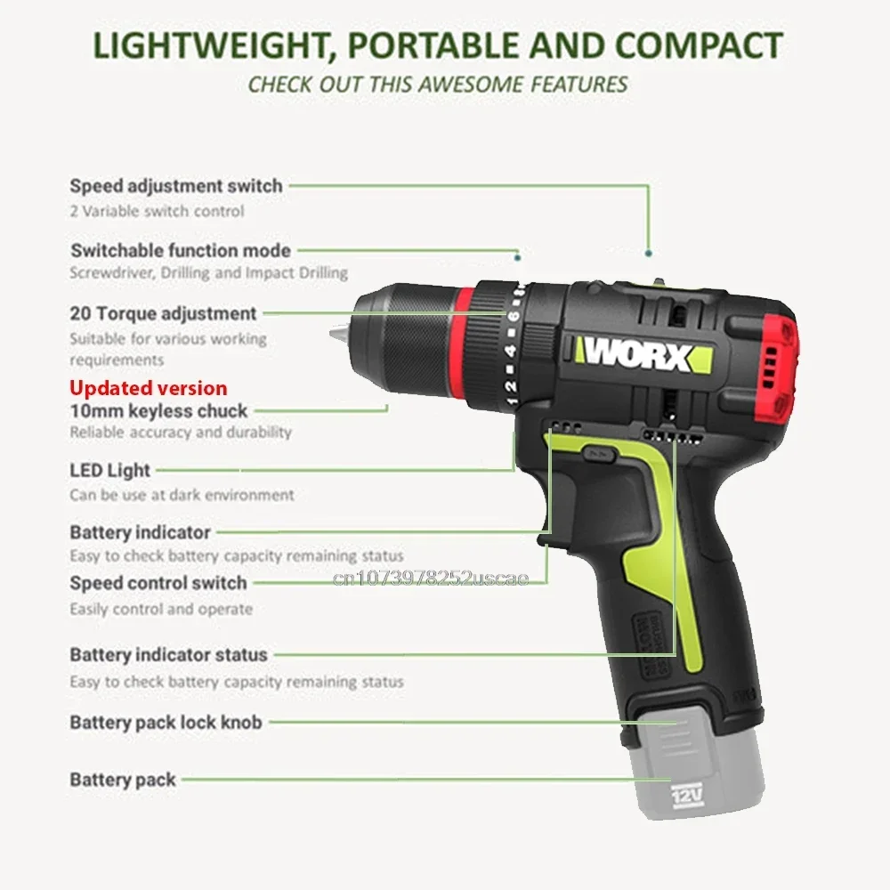 WORX Impact Drill WU131X 12V 40Nm Impact 27000bpm 1800rpm Brushless Motor Rechargerable Lithium Battery Univeral 12v Platform