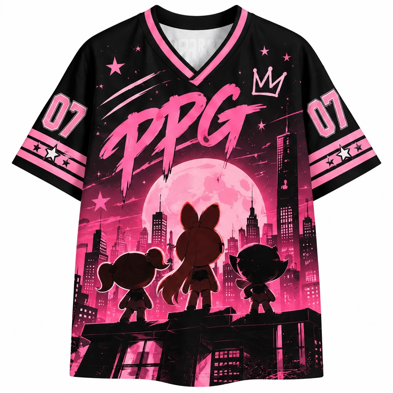Powerpuff Girls Grafik-Trikot-Shirt für Erwachsene, Unisex, V-Ausschnitt, Cartoon-Streetwear, Y2K-Sportstil, lässiges Oberteil – Detail 3