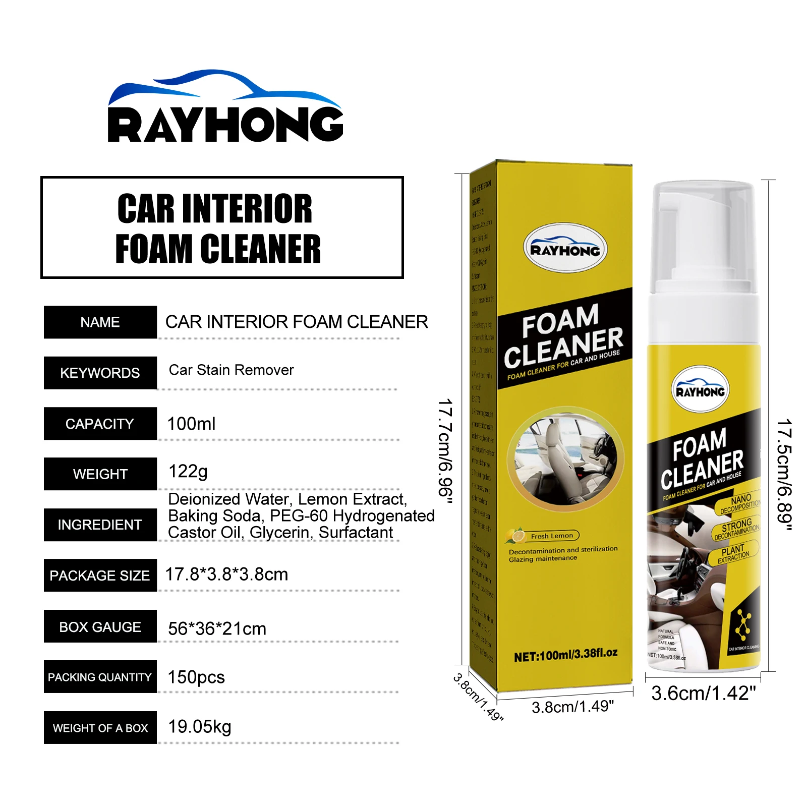 RayHong عامل تنظيف منظف رغوي متعدد الأغراض للسيارة الداخلية والمنزل 100 مللي منظف رغوة تنظيف المنزل رغوة رذاذ المنظفات