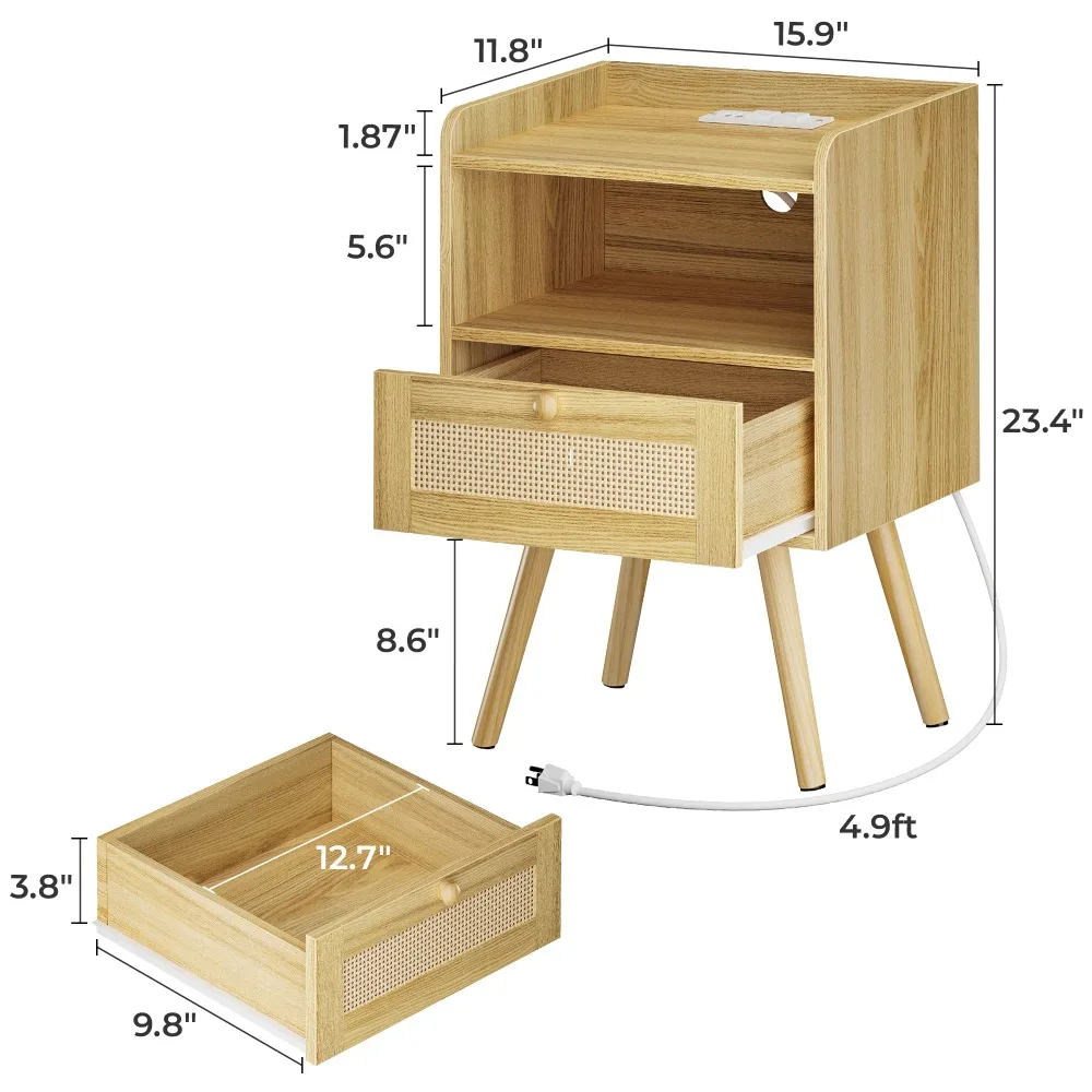 PE Rattan Decoração Gaveta, Noite Stands com Estação de Carregamento, Mesas Laterais de Cama, Pés De Madeira Maciça, Conjunto de 2 Nightstands