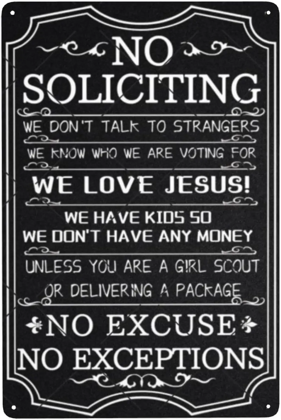 DZQUY No Soliciting Warning Sin No Excuses No Exceptions Metal Sign Vintage Art Tin Sign House Office Wall Decor Sign For Home D