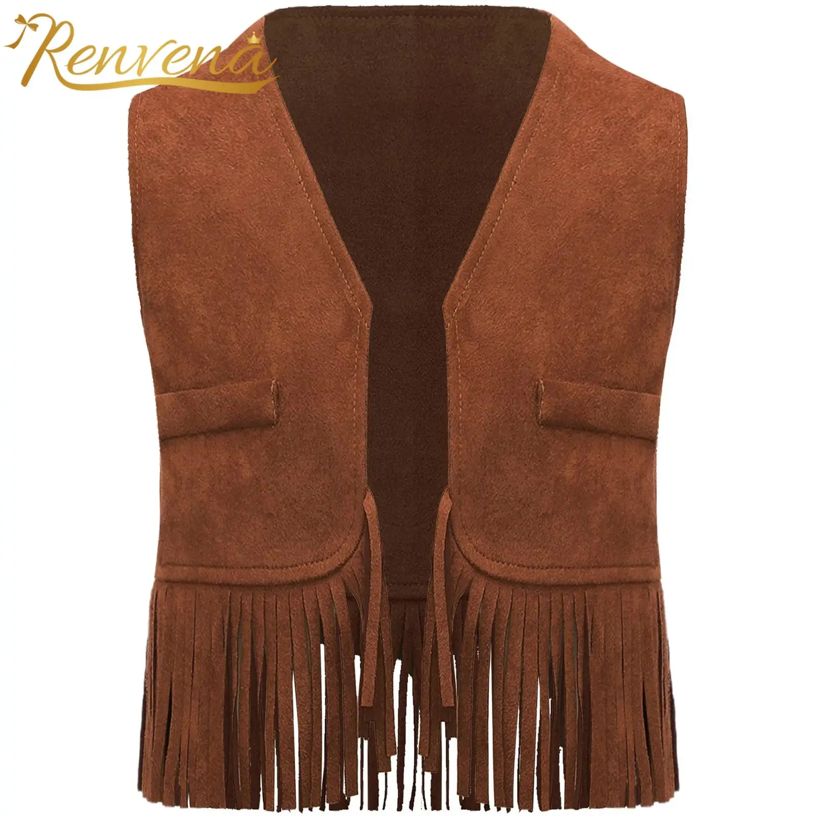 Girls Faux Suede Tassel Vest Cosplay Western Cowgirls Fringe Waistcoats Cowboy Vests Tank Top Children Hippie Sleeveless Jacket