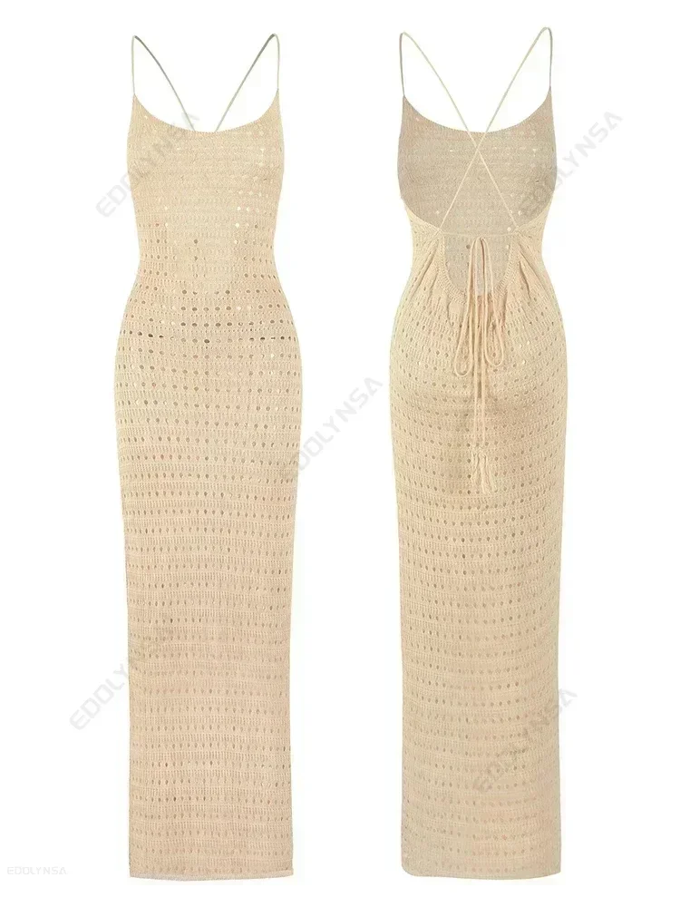 Sexy malha cortar borla cinta de espaguete bodycon praia maxi vestido de verão feminino férias clube festa roupa maiô cobrir k10