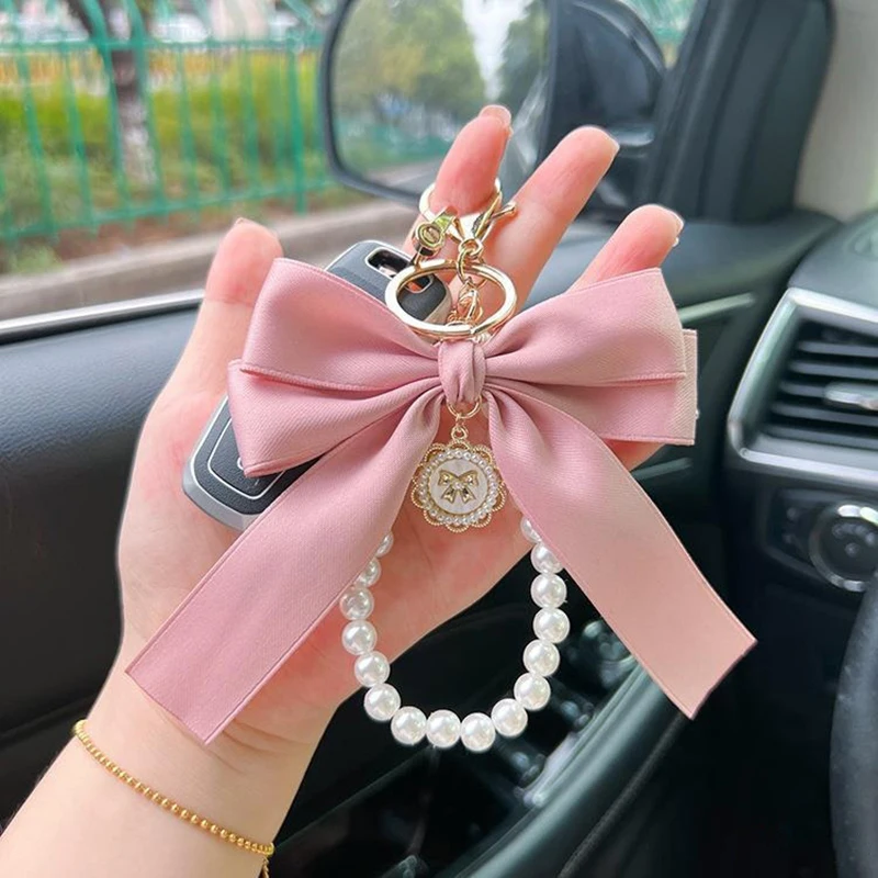 Faux Pearl Bow Keychain para Bolsa Bag, Acessórios Pingente, Pulseira Frisada Bonito, Fita Do Charme Do Carro