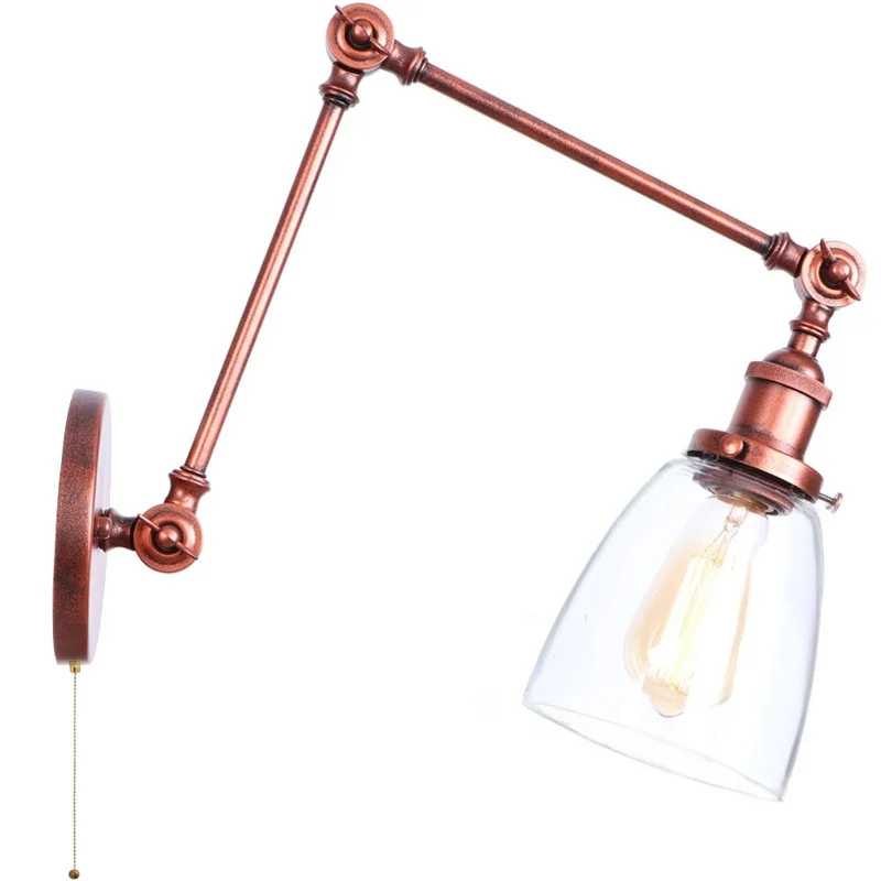 IWHD Swing Arm LED Wall Lamp Sconce Pull Chain Switch Foyer Asile Dining Room Industrial Rustic Adjustable Glass Light Fixtures