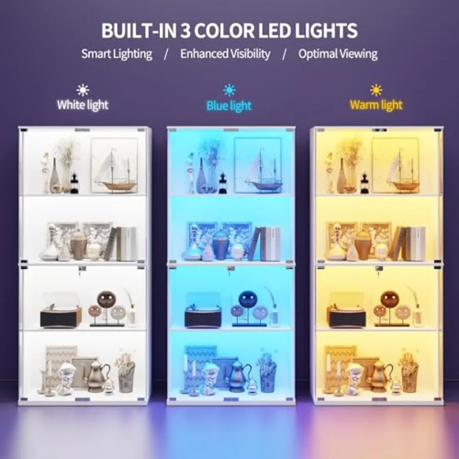 66 Glass Display Cabinet for Collectibles, Toys, Books - White Tempered Glass with 3-Color LED Lights, Lockable Storage, Motion view 4