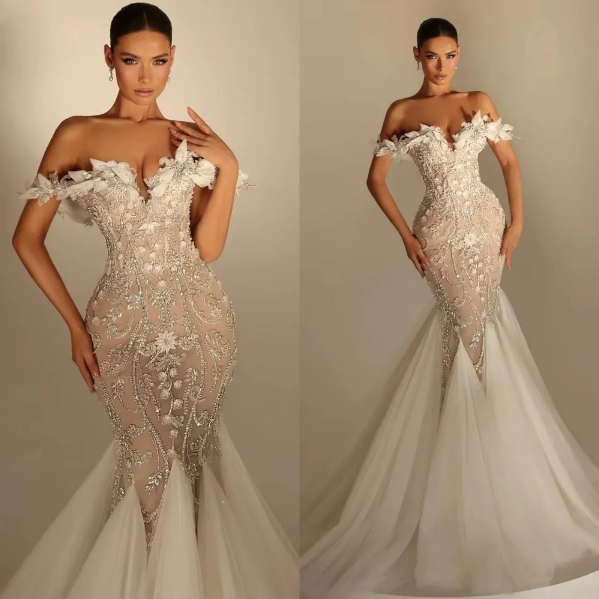 

Romantic Appliques Wedding Dresses Lace Mermaid Bridal Gowns Off the Shoulder Customized Princess Sweep Train Bride Dress