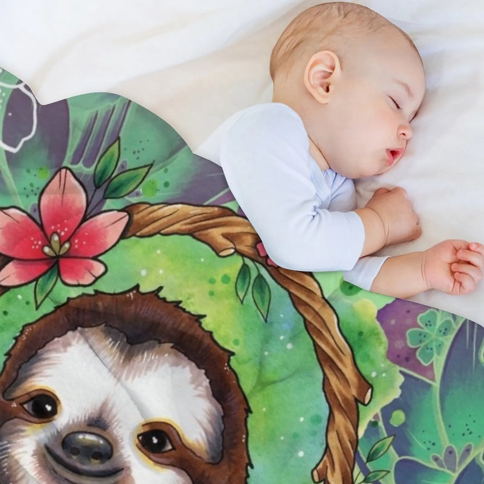 Cute Sloth and Flowers Throw Blanket Beach Flannel Blankets