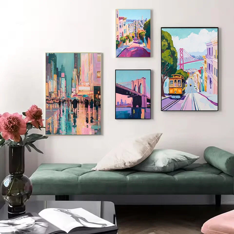 Multiple sizes 1pc frameless Canvas Painting,Abstract Modern Colorful Cityscape Building Illustration NYC Paris Lisbon Poster Ca