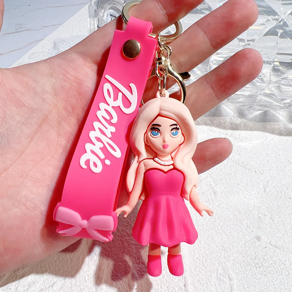 PVC Pink Cartoon Barbie Heart Car Keychain Schoolbag Wallet Bags Pendant Toys for Girls Anime Figure Accessories Decoration Gift