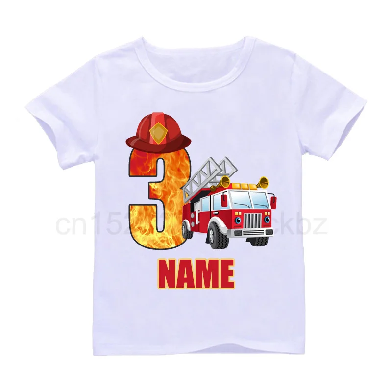 Happy Birthday Cool Firefighter Fire Truck Digital Printed Children's T-shirt Birthday Gift for Boys and Girls  Clothes