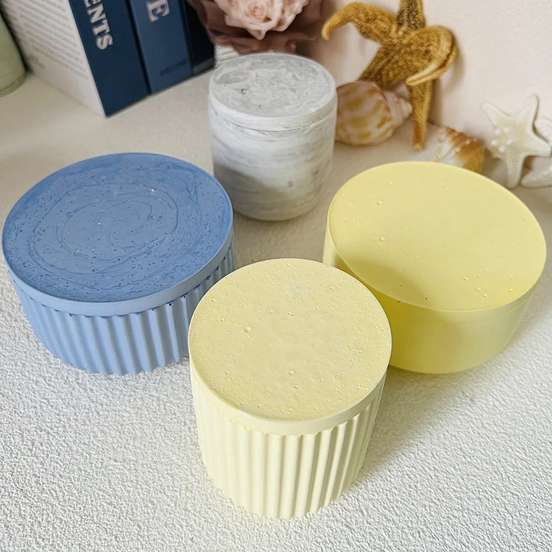 Cement Candle Jar Silicone Mold with Lid Simple Round Striped Concrete Storage Jar Mold Epoxy Resin Pen Holder Flowerpot Mold view 6