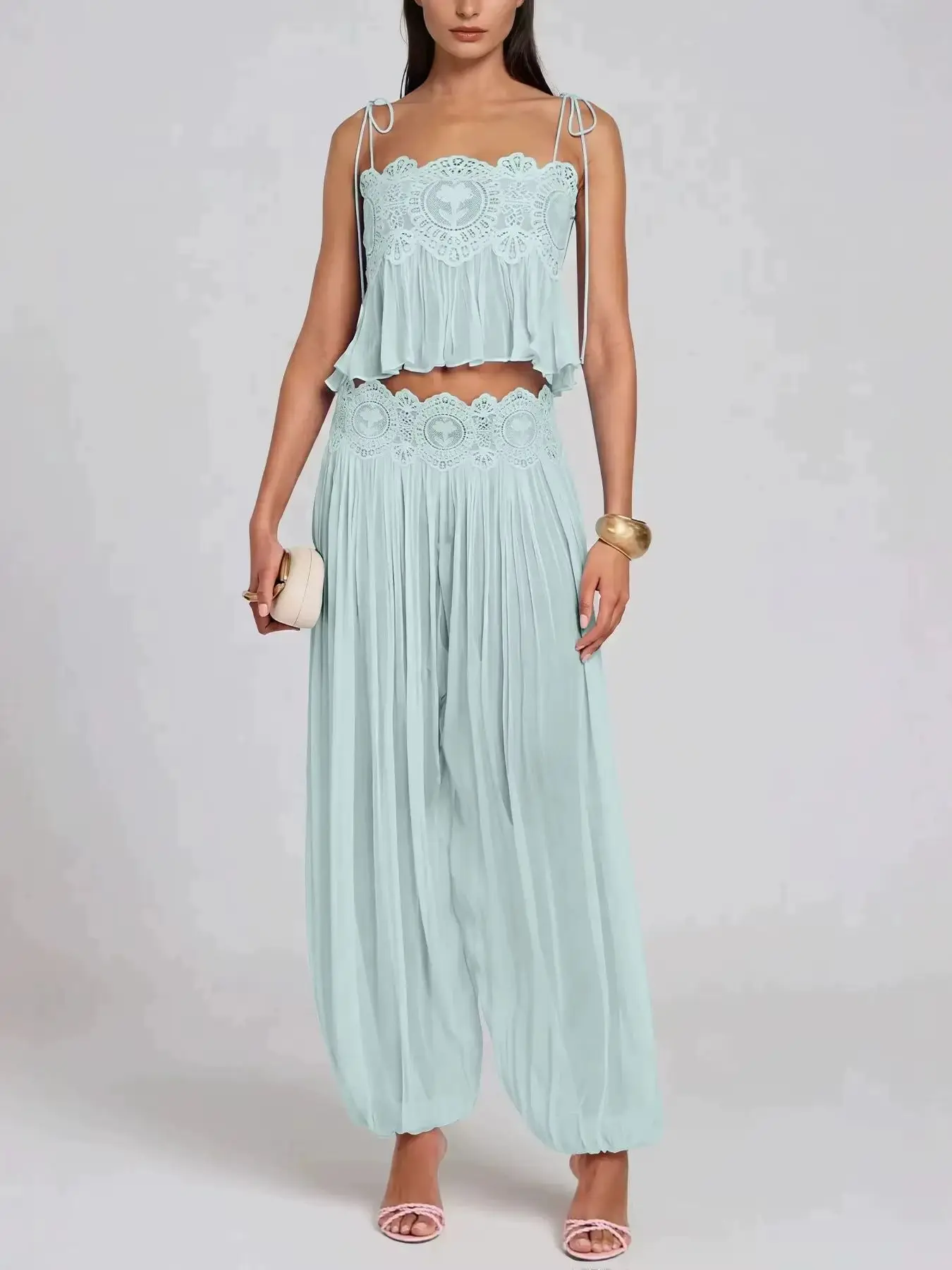 Women Pant Set Sheer Layers Spaghetti Strap Backless Lace Top Straps Solid Loose Straight Elastic Hem Fashion Beach Chic Suits image 5