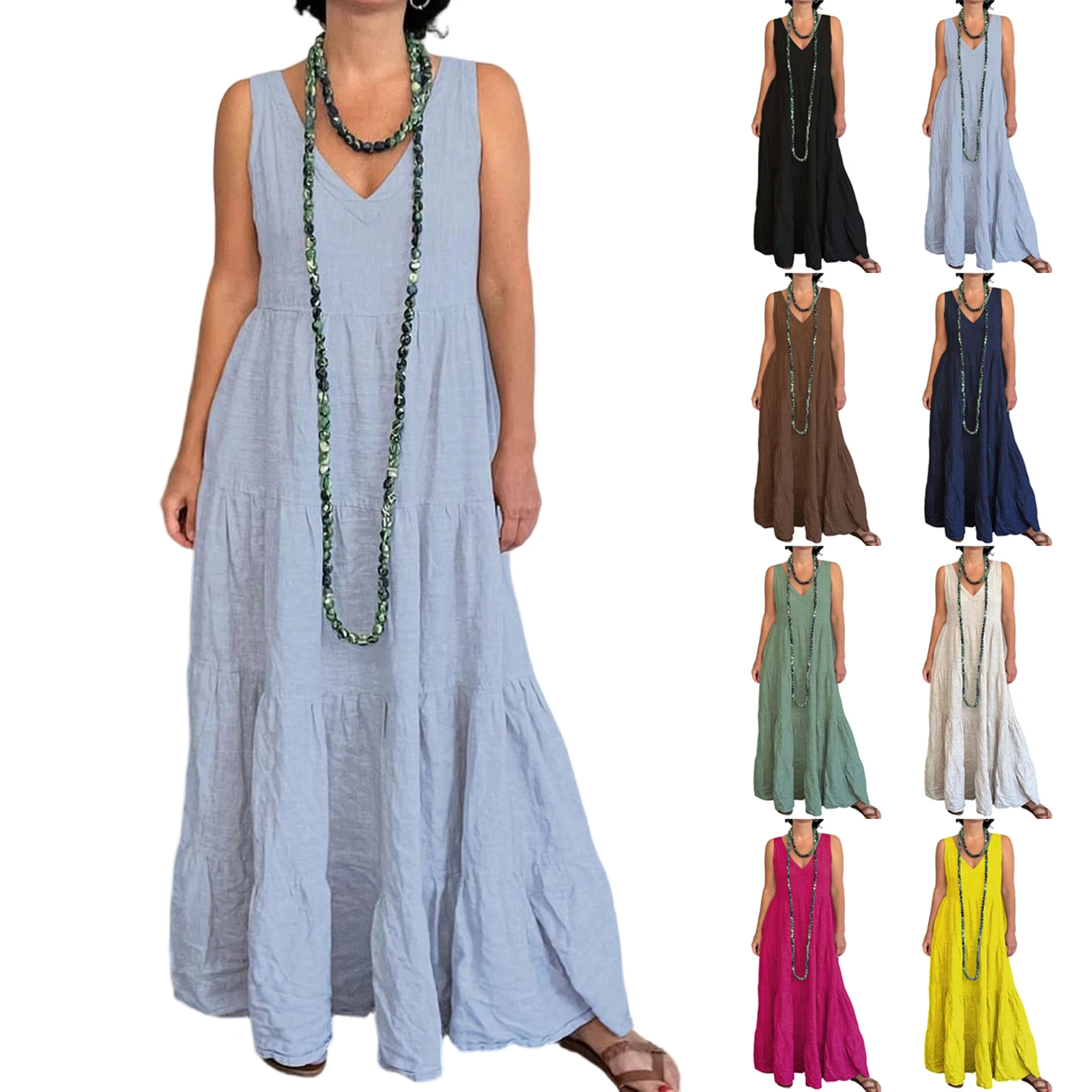 Été mince respirant couleur unie Boho plage jupe longue à la mode Baggy Boho plage col en v sans manches robe Maxi