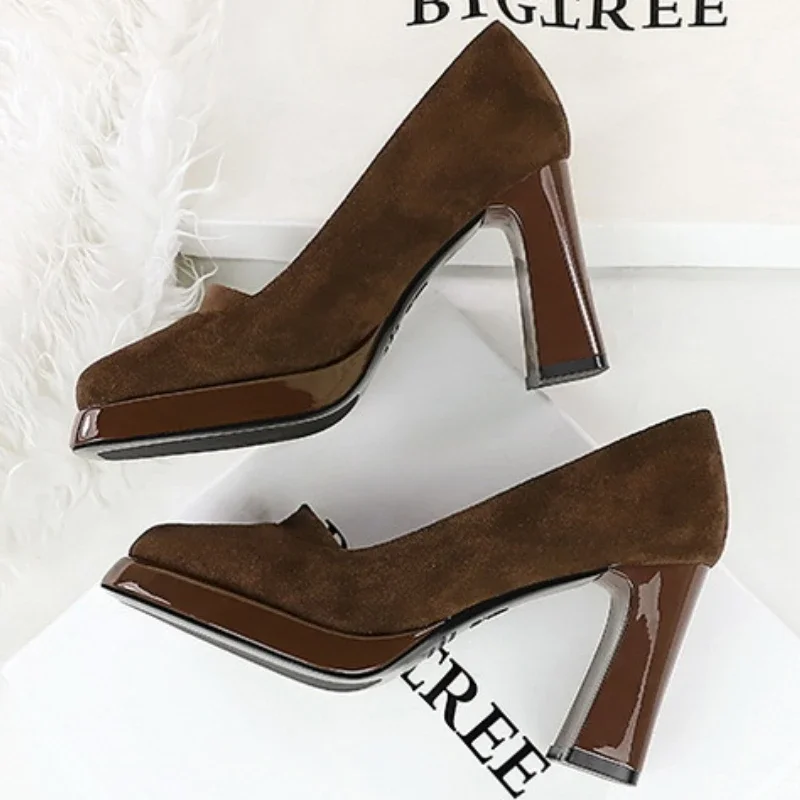 BIGTREE Shoes Женские туфли-лодочки на массивном блочном каблуке 9 см, замшевые женские туфли на высоком каблуке в стиле ретро на высоком каблуке с квадратной головкой, 3 цвета