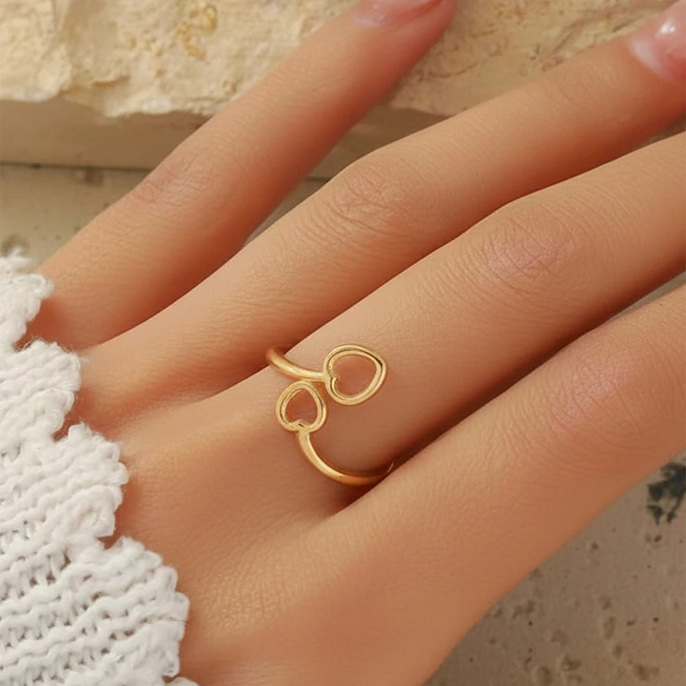 Minimalist Classic Stainless Steel Ring Double Heart Gold Plated Wedding Promise Ring for Women Men Engagement Jewelry Gifts