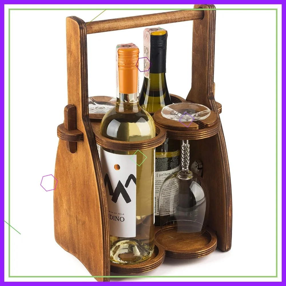 

Wood Wine Bottle and Glasses Caddy - Beer Carrier - Drinking Desk Accessories - Men's Organizer