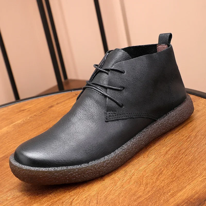 High Ankle Casual Walking Sneakers Top Layer Cowhide Soft Leather  Sole Men's  Spring Short Boots Outdoor Camp Shoes