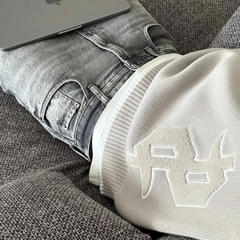 Y2K رمادي كم طويل سترة الدولار القوطية التطريز البلوز القوطي الرجعية ملابس الشارع الشهير المال القديم الرجال Boxy محبوك الملابس #5