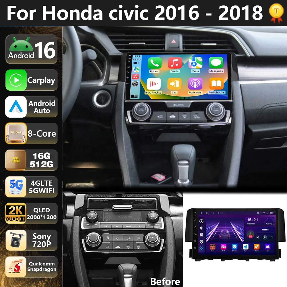 Qualcomm Android 16 For Honda Civic 10th 2017- 2021 2K QLED Car Radio Multimedia Video Player GPS CarPlay Auto Stereo Navigation