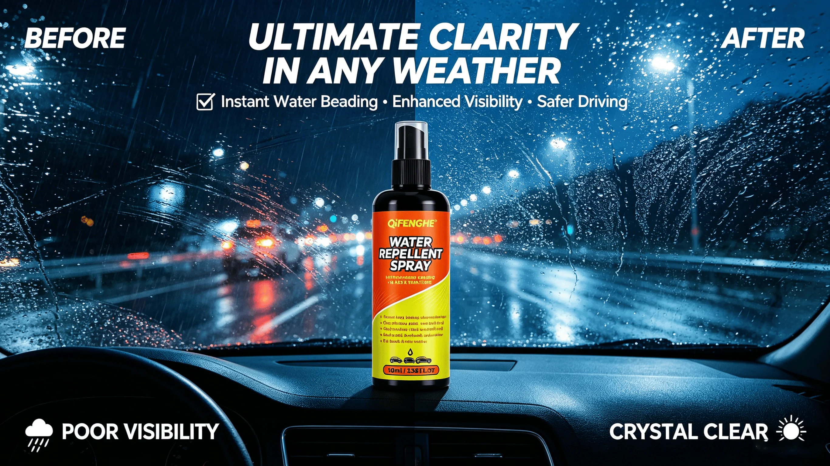 Glass Water Repellent with Anti-Fog & Hydrophobic Shield for Car Windows, Ensures Clear View, Rain Runs Away, Driving Safety