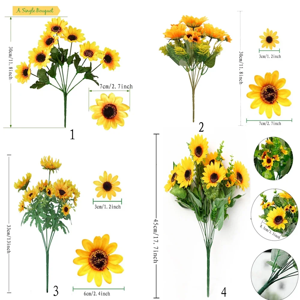 Plastic Long Stem Artificial Flowers Sunflowers Branch 7 Heads Silk Fake Flowers for DIY Home Garden Party Wedding Decor Flores