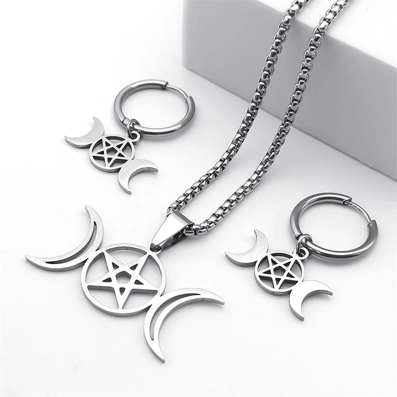 Stainless Steel Jewelry Set Triple Moon Goddess Pentagram Pentacle Necklace Women Men Ring Bracelet Earrings conjuntos de joyas image 2