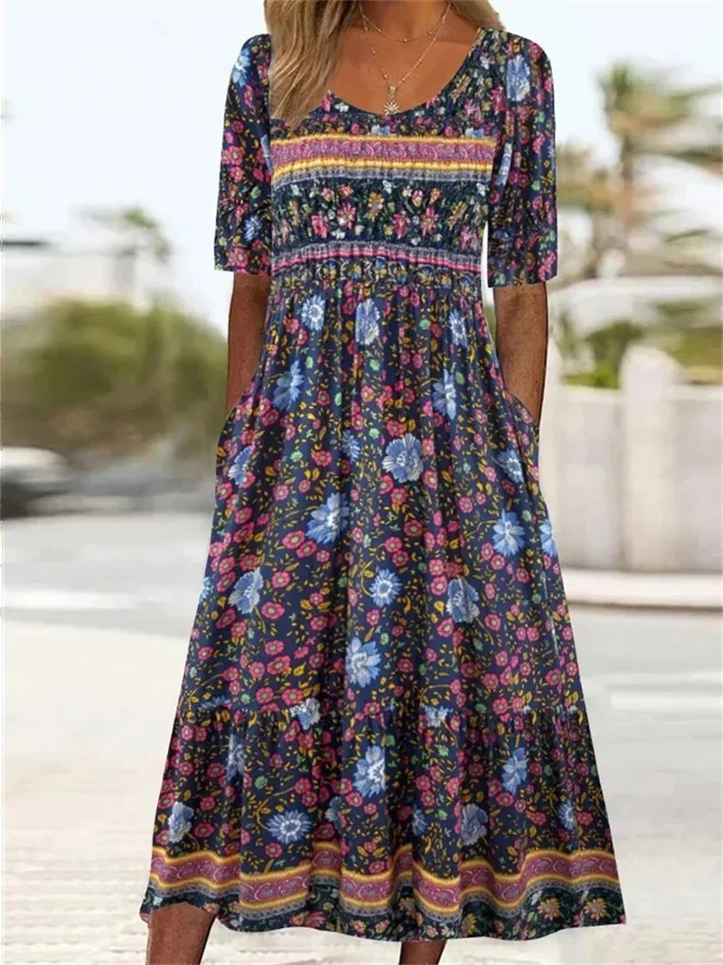 Elegante vestido estampado boêmio feminino, manga curta, plissado, bainha grande, verão, casual, feriado, fêmea, vestido longo de cintura alta, 2024