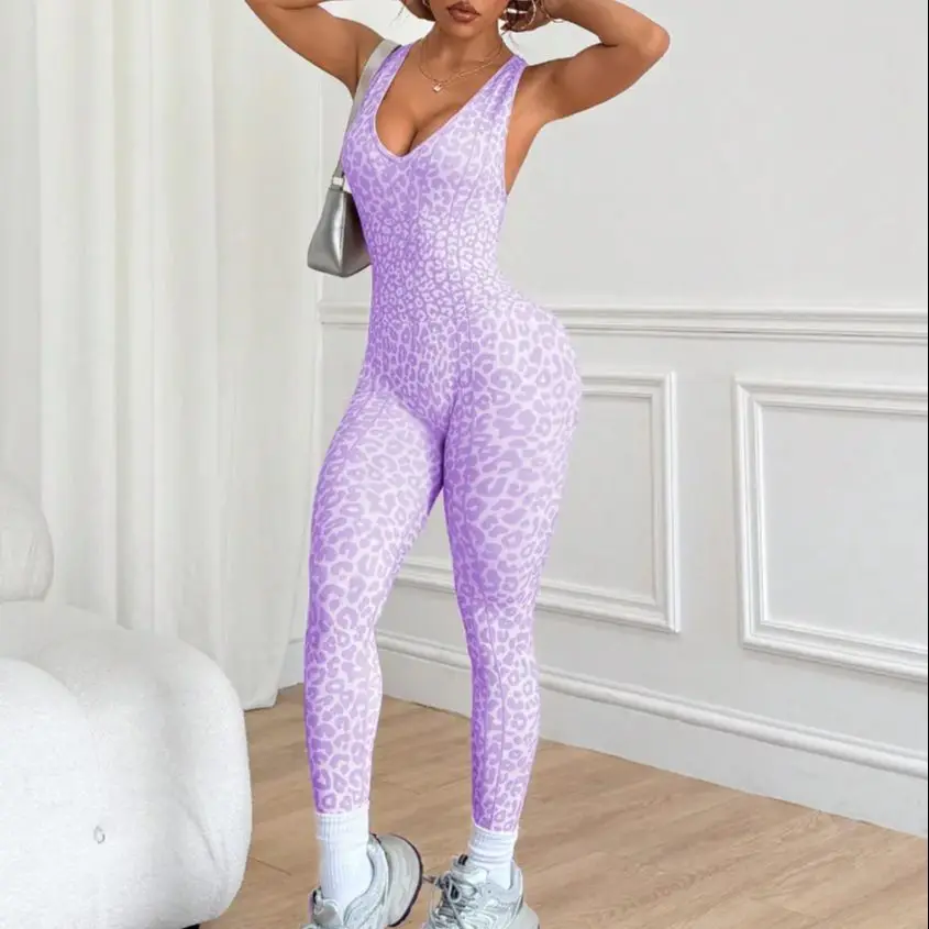 بدلة رياضية نسائية بطبعة الفهد عميقة على شكل حرف V قطعة واحدة سراويل يوجا Scrunch للتمرين واللياقة البدنية والصالة الرياضية بدلات ضيقة رياضية