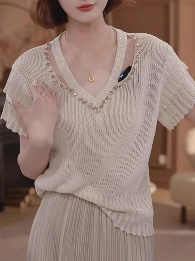 

Летний вязаный топ из ледяного шелка с V-образным вырезом, инкрустированный стразами, с ажурным дизайном, очень мягкий, легкий, нарядный, для носки под платьем или с юбкой