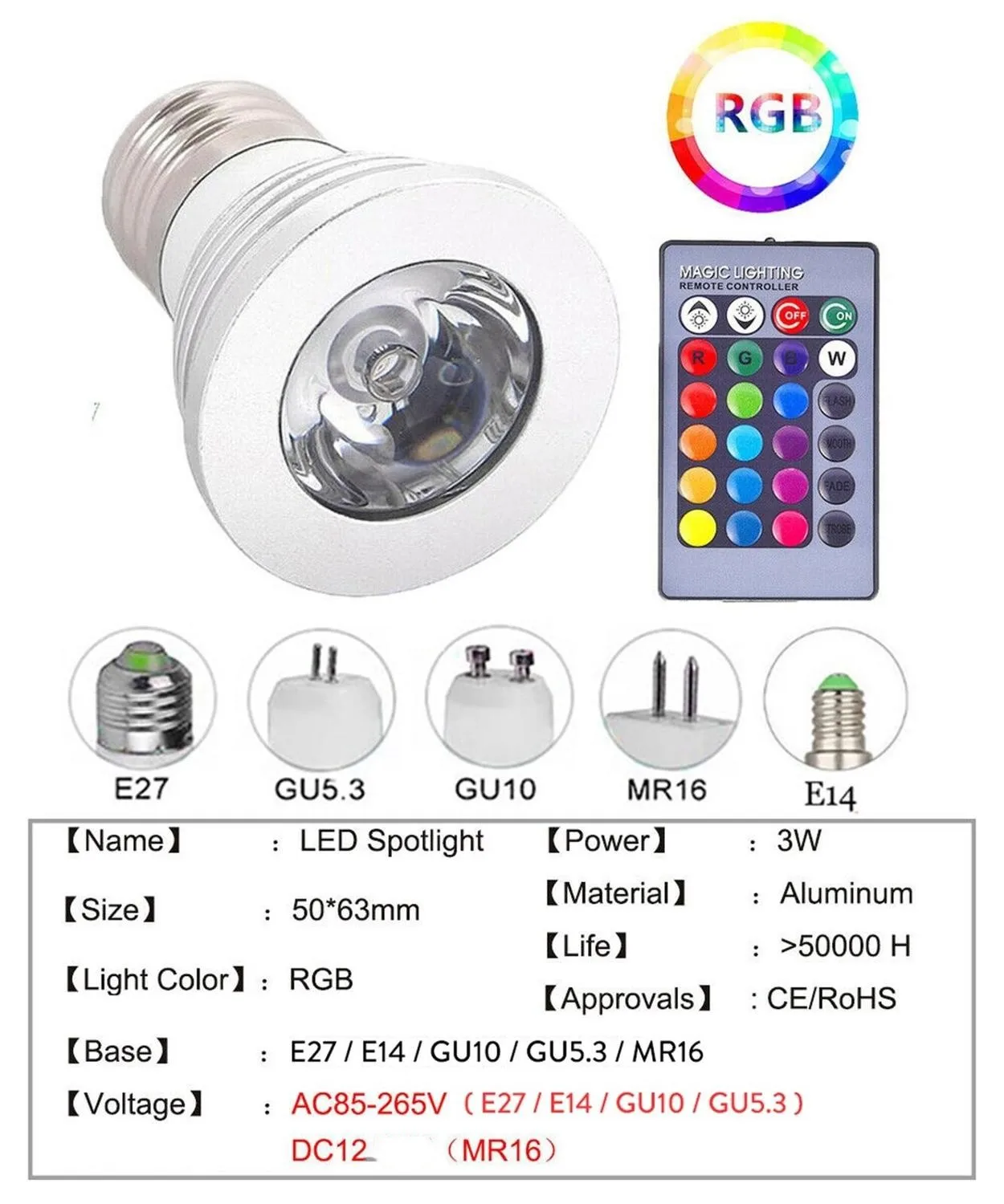 AC85-265V 12V MR16 E27 E14 GU10 GU 5,3 RGB Scheinwerfer 3W Dimmbare E27 Led-lampen mit 24 tasten fernbedienung Licht Rohre für Home Dekoration