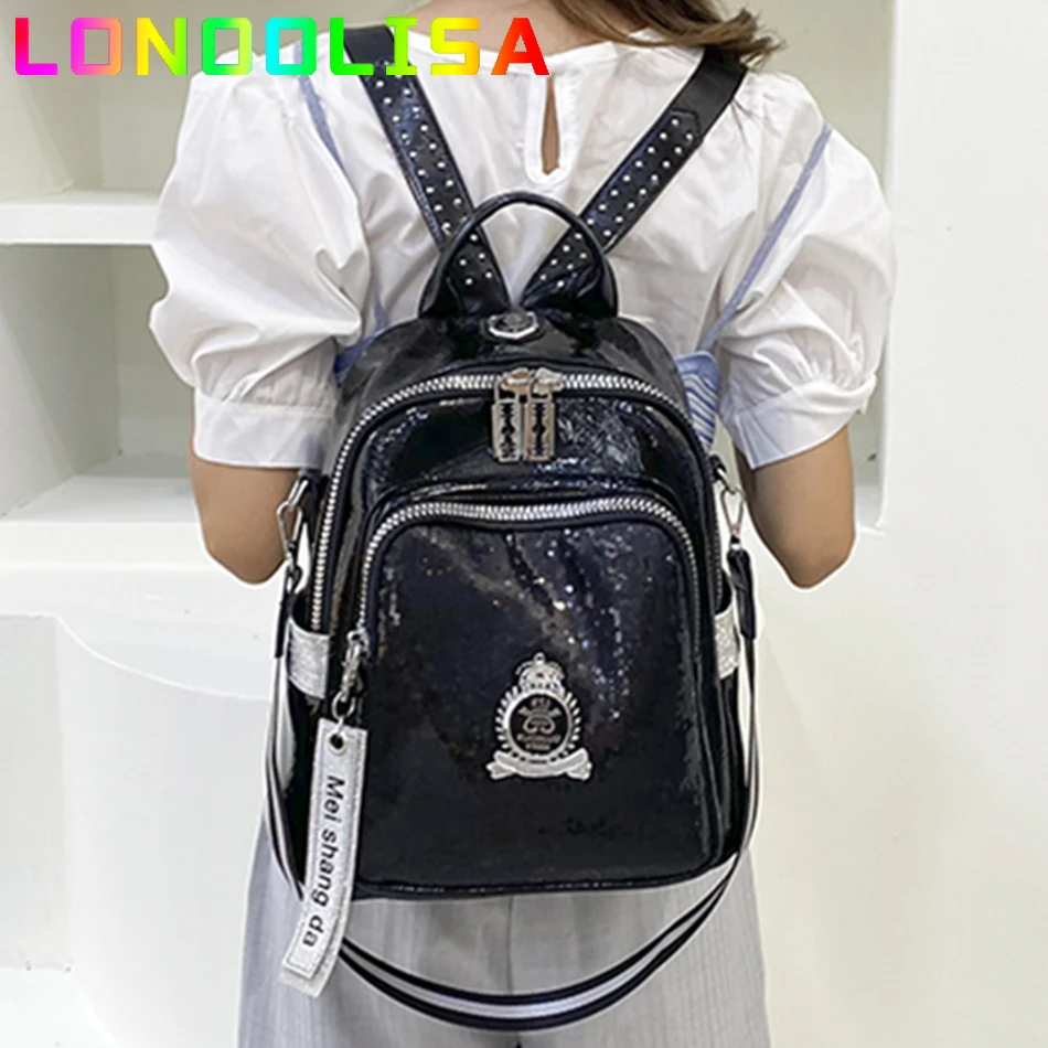 Fashion Sequins Women\'s Backpack High Quality Bookbag Soft Leather School Bags for Teenagers Girls 3 In 1 Ladies Travel Bagpacks