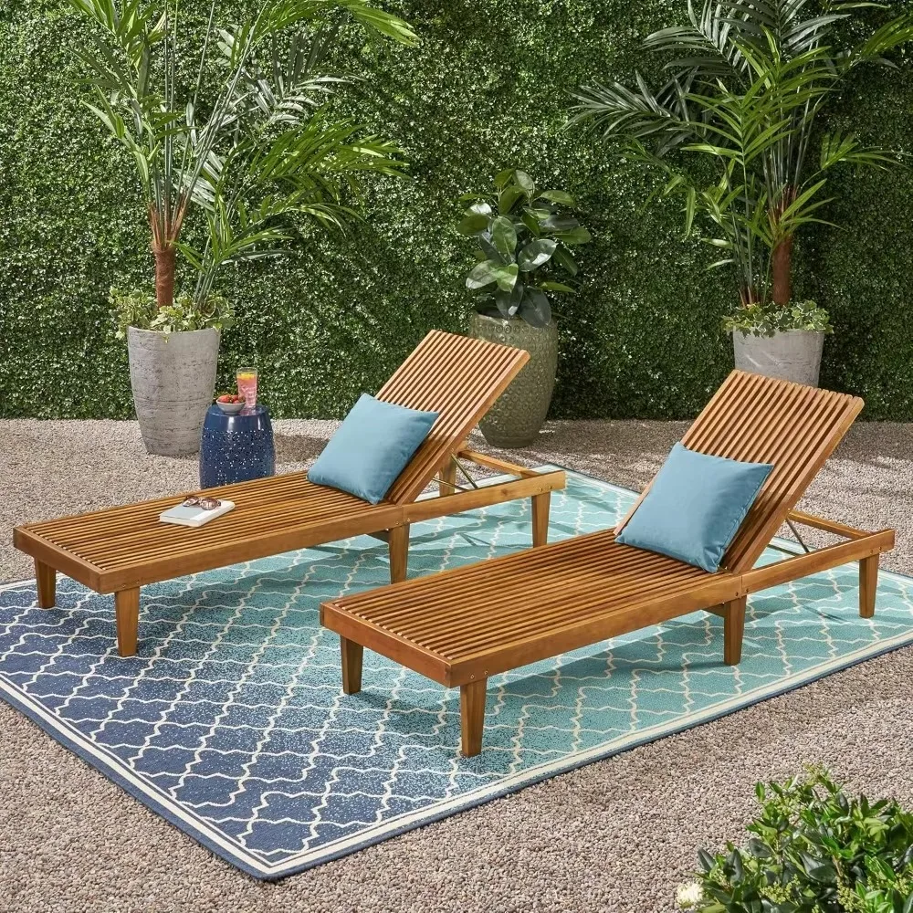 Great Deal Furniture Outdoor Wooden Chaise Lounge (Set of 2), Teak Finish，78.75 x 24 x 12 inches