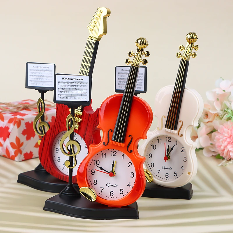 1Pc Creative Violin Alarm Clock Fashion Simple European Style Children's Cute Cartoon Bedside Clock Retro Ornament