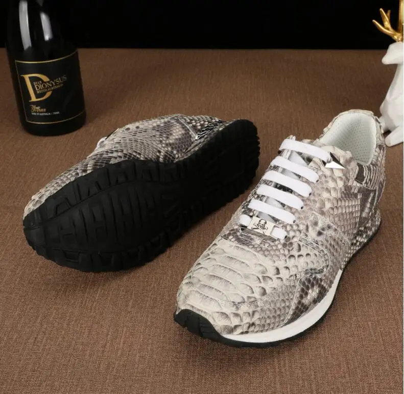 100% Genuine real python skin men shoe high end quality snake skin beige and grey color sport men shoe with cow lining free ship