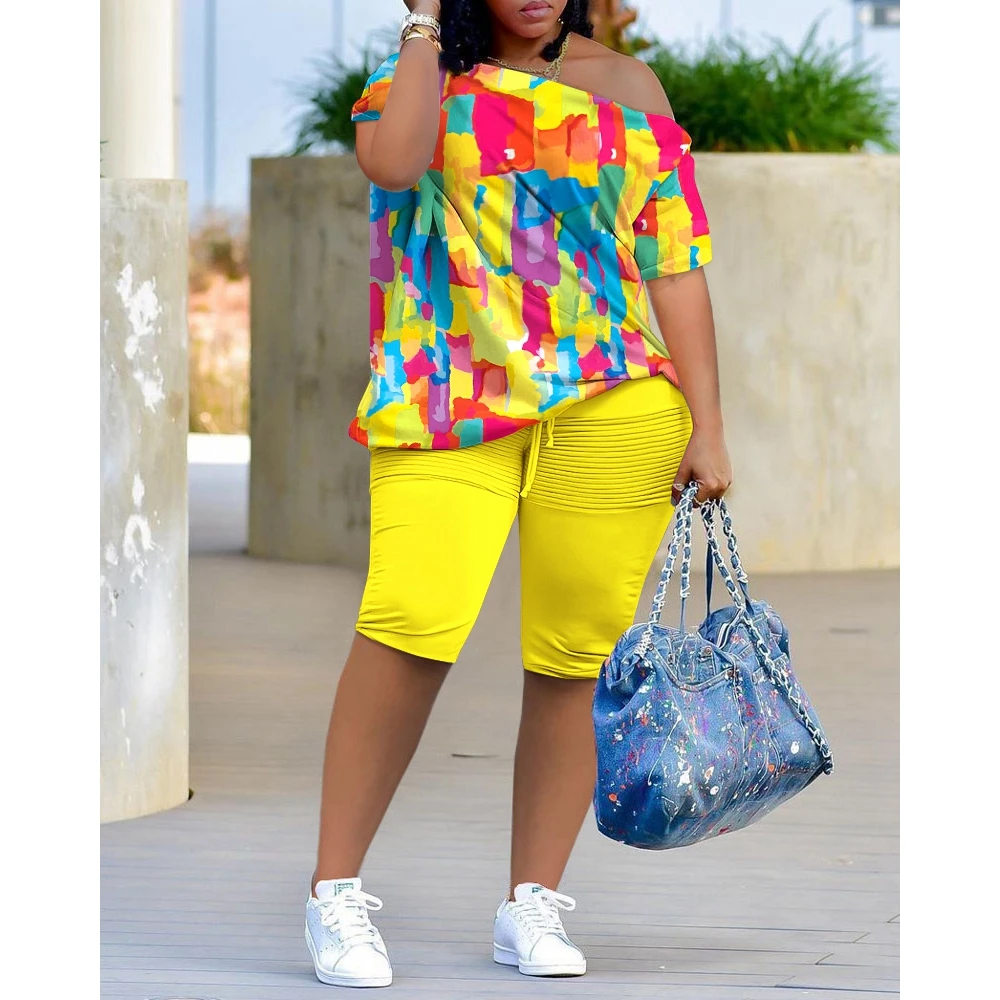 Women Melting Colors All Over Print Skew Neck Top & Drawstring Ruched Shorts Set Female Casual Two Piece Sets For Woman Clothes