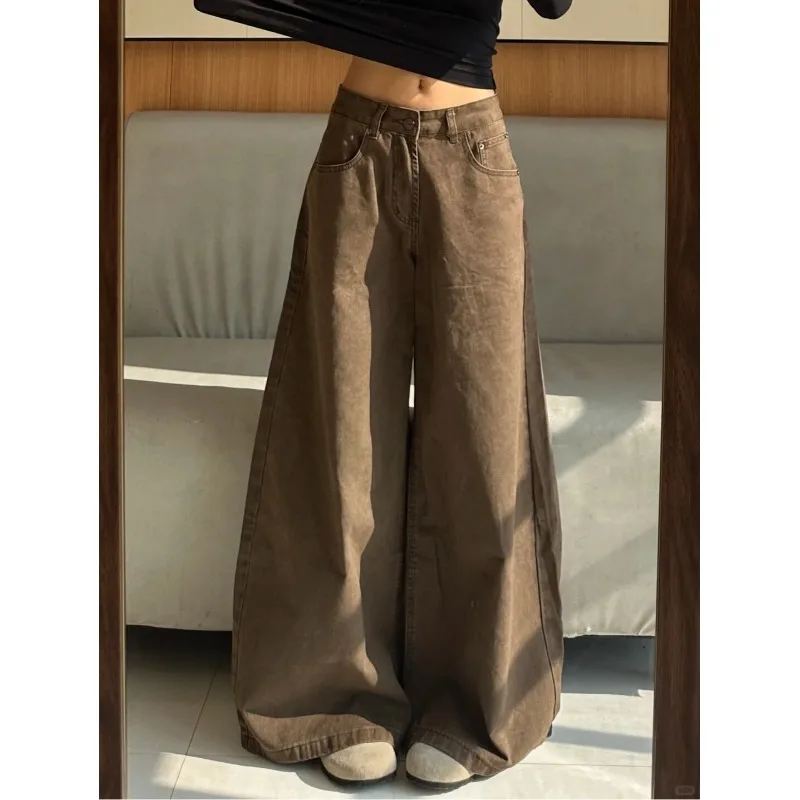 Women 2026 Autumn Brown Coffee Wide Leg Jeans High Waist Versatile Loose Casual Floor Length Denim Pants For Ladies Daily Outfit